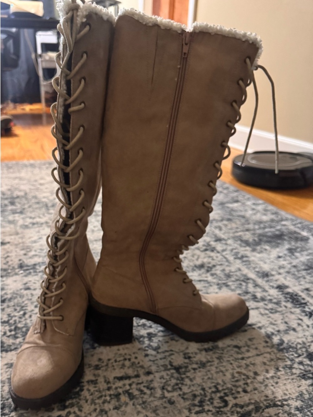 JustFab Lace-Up Knee-High Boots in Tan with Shearling Trim